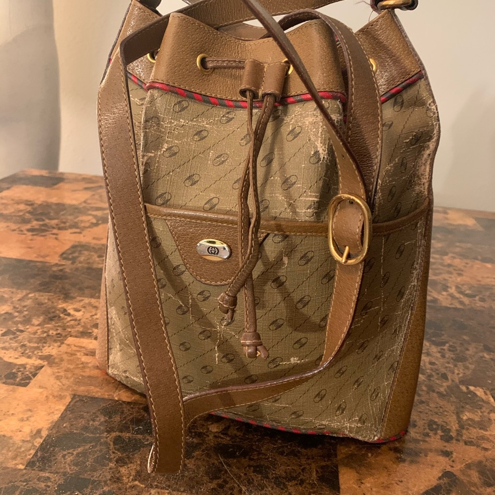 Vintage Brown Leather Bucket Gucci GG Bag